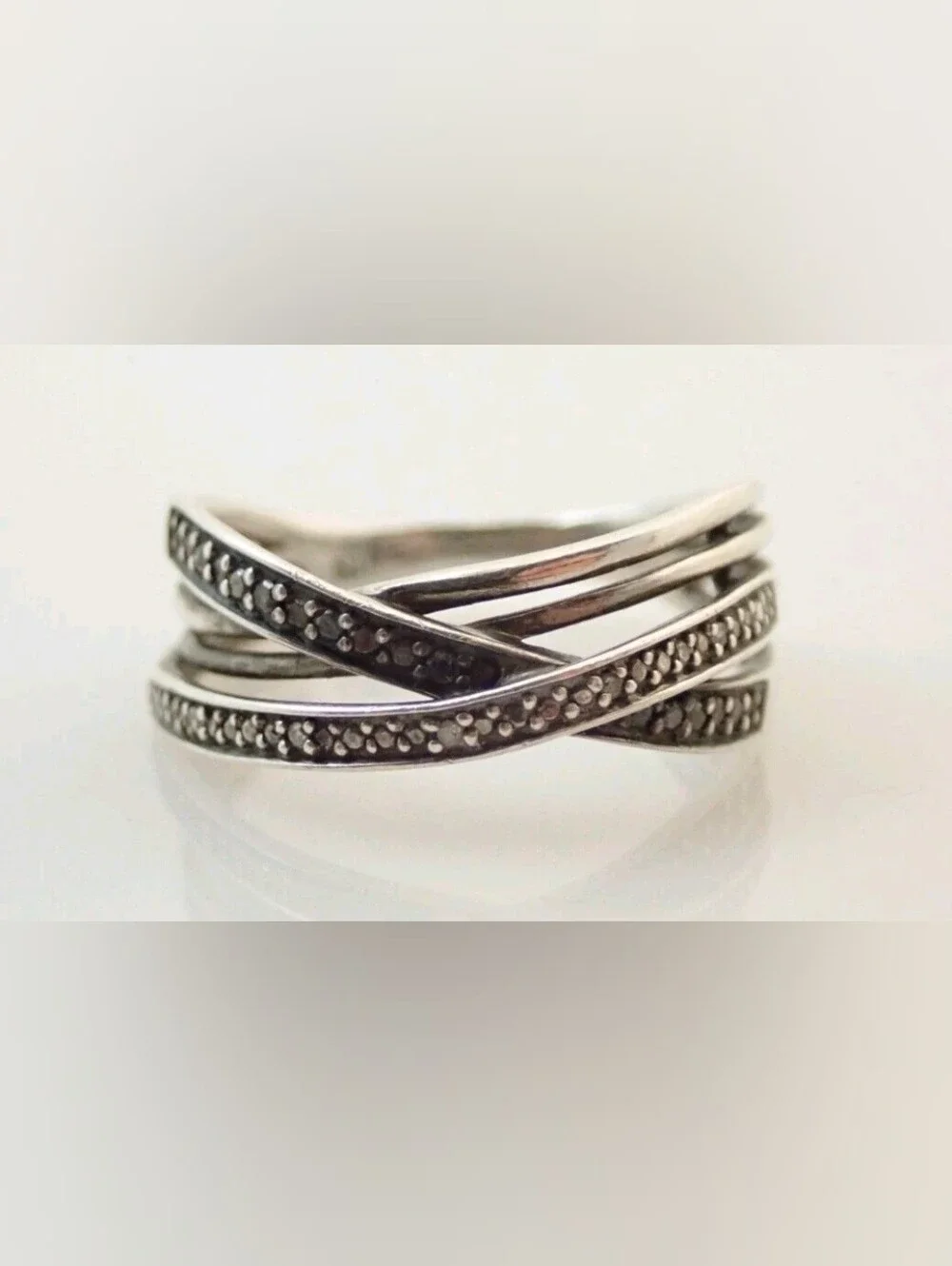 SUN Designer Signed 925 Black & White Sterling Silver Ring White Diamonds  6.5